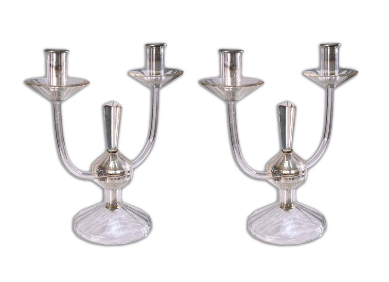 Pair of Art Deco Candelabras Two Arm Crystal Glass Base with Silver Accents