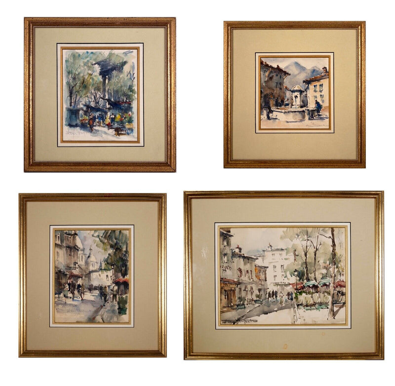Set of 4 Parisian Original Antique Vintage Watercolor on Paper Signed Framed 60s