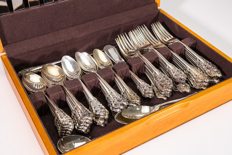 82 Piece Wallace Grand Baroque Sterling Silver Flatware Set with Wooden Case