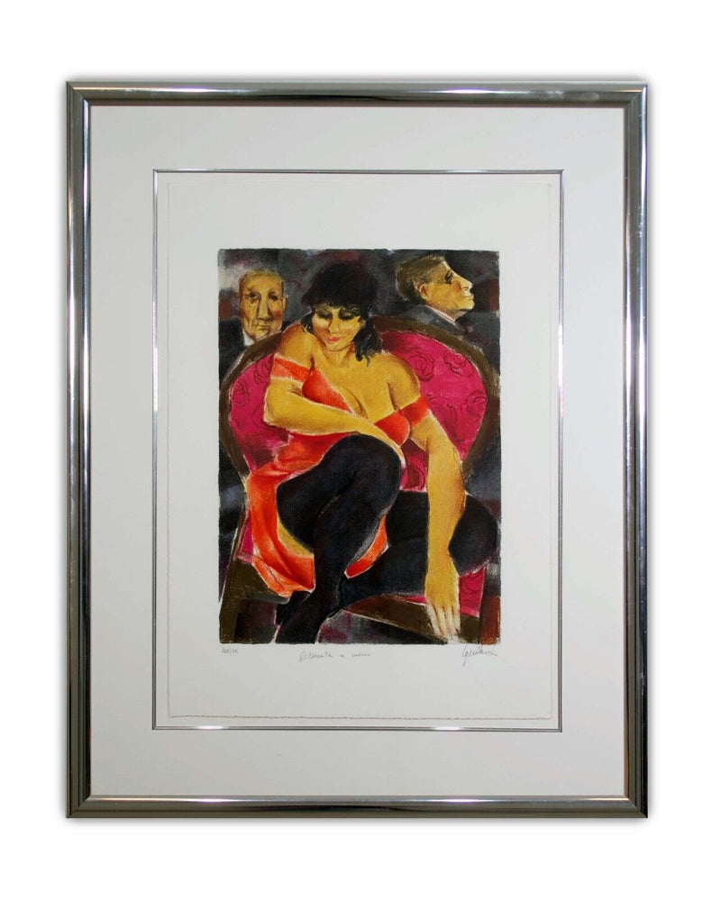 Remo Squillantini La Signora in Rosso Signed Lithograph 48/175 Framed 1980s