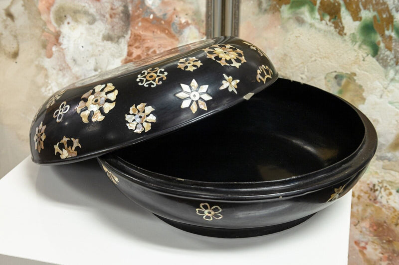 Mother of Pearl Inlay Round Black Wood Decorative Box