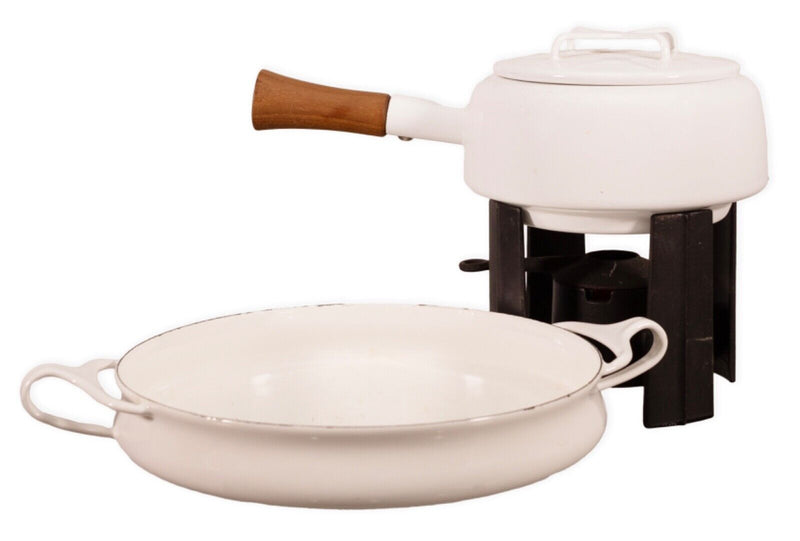 3 Piece Dansk France White Fondue Pot W/ Cast Iron Stand & Serving Dish