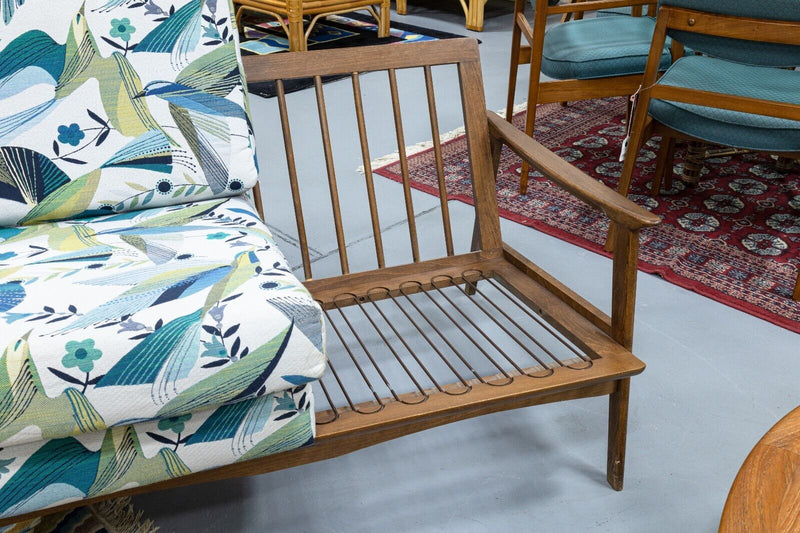 Mid Century Modern Walnut Wood Loveseat Settee Sofa with Floral Bird Fabric