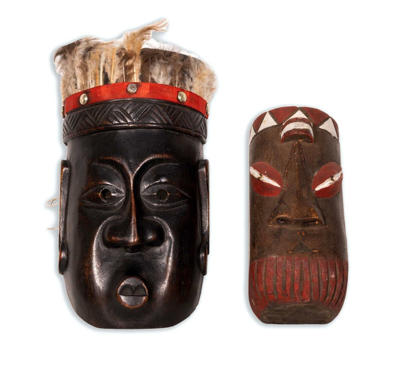 Pair of Vintage African Tribal Hand Carved & Painted Wooden Mask with Feathers