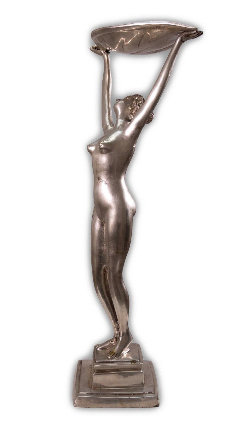 Art Deco Nude Female Figure with Leaf Antique Cast Metal Chrome Sculpture