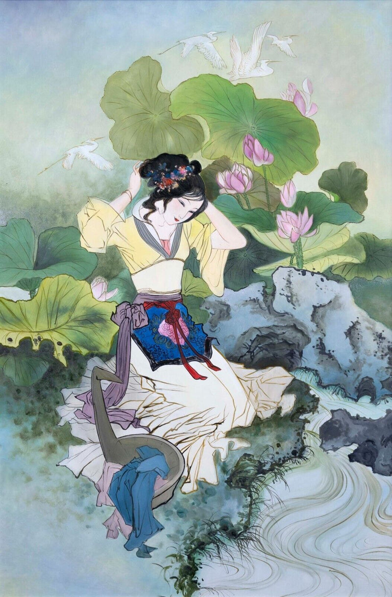 Hua Sanchuan Washing Silk in the Lotus Pond Contemporary Asian Acrylic Painting