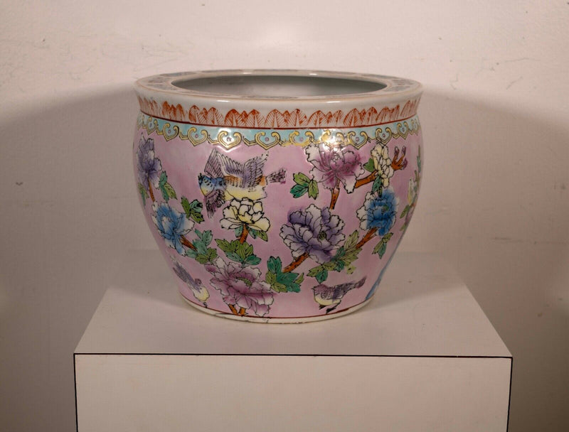 Vintage Chinese Porcelain Fishbowl Pink Floral & Bird Design Stamped