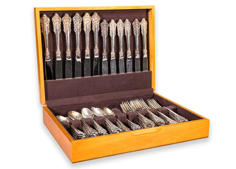 82 Piece Wallace Grand Baroque Sterling Silver Flatware Set with Wooden Case