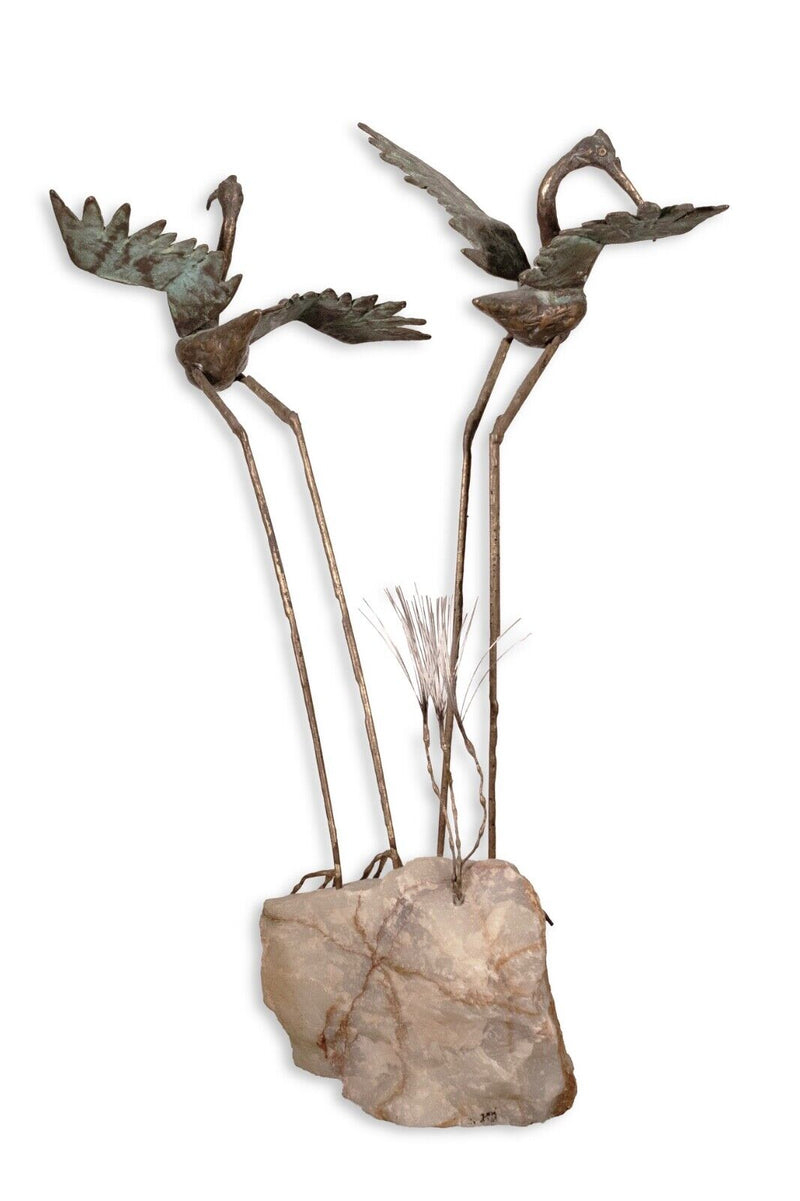 Vintage Curtis Jere Pair of Bronze Cranes on Stone Signed 1969 Table Sculpture