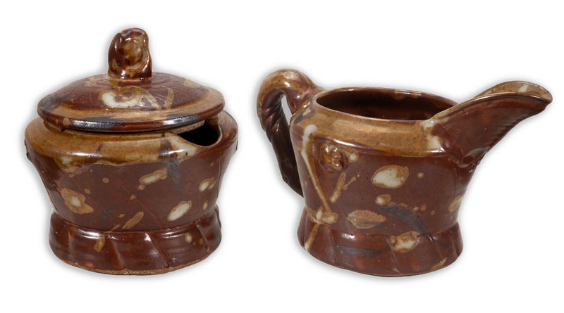 John Glick Ceramic Stoneware Sugar and Creamer Holder Stamped Plum Tree Pottery