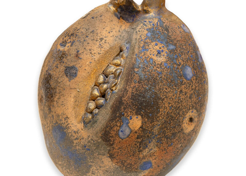 Modern Pomegranate Raku Ceramic Sculpture with Blue and Gold Glaze Signed