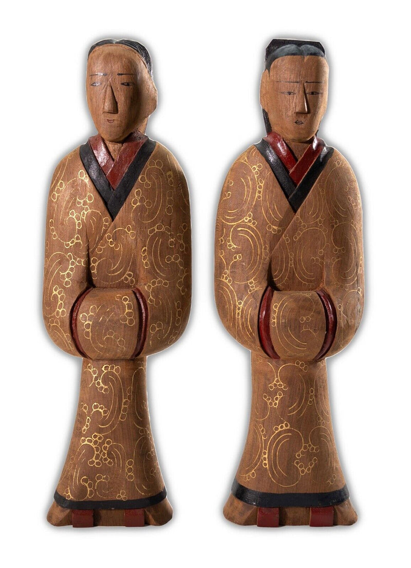 Pair of Vintage Chinese Wood Hand Painted Lacquer Figurine Sculptures Shanghai