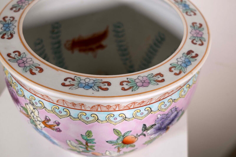 Vintage Chinese Porcelain Fishbowl Pink Floral & Bird Design Stamped