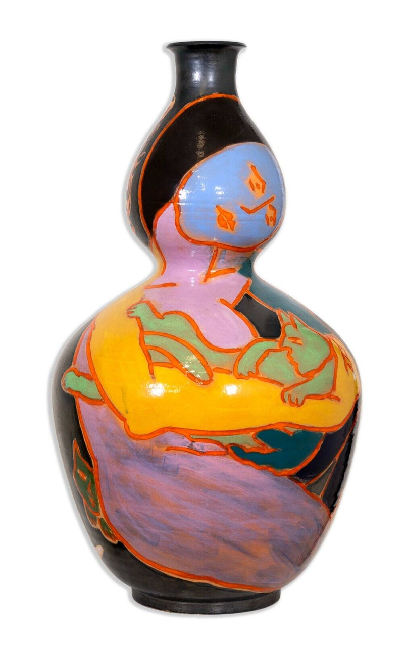 Mattie Leeds Signed Postmodern Ceramic Vessel with Figurative Hand Painted Desig