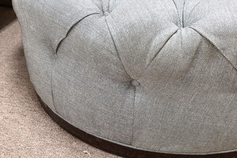 Large Custom Made Contemporary Modern Round Gray Tufted Ottoman on Wood Base