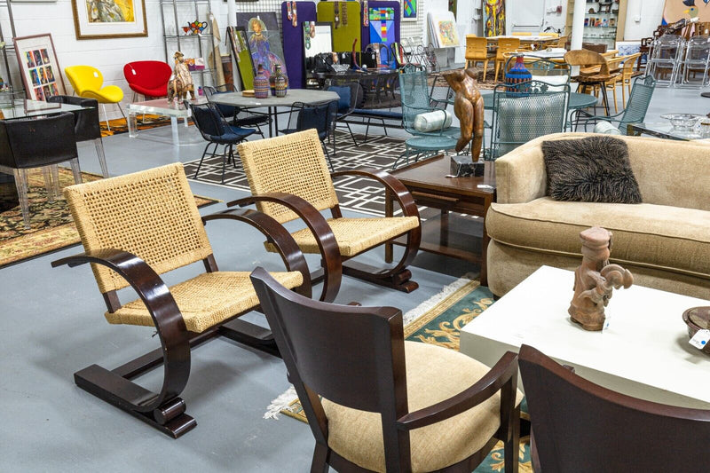 Pair of Mitchell Gold and Bob Williams Brown Wood and Cane Cantilever Armchairs