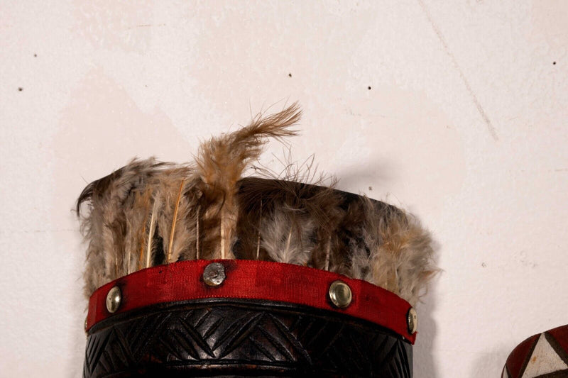 Pair of Vintage African Tribal Hand Carved & Painted Wooden Mask with Feathers