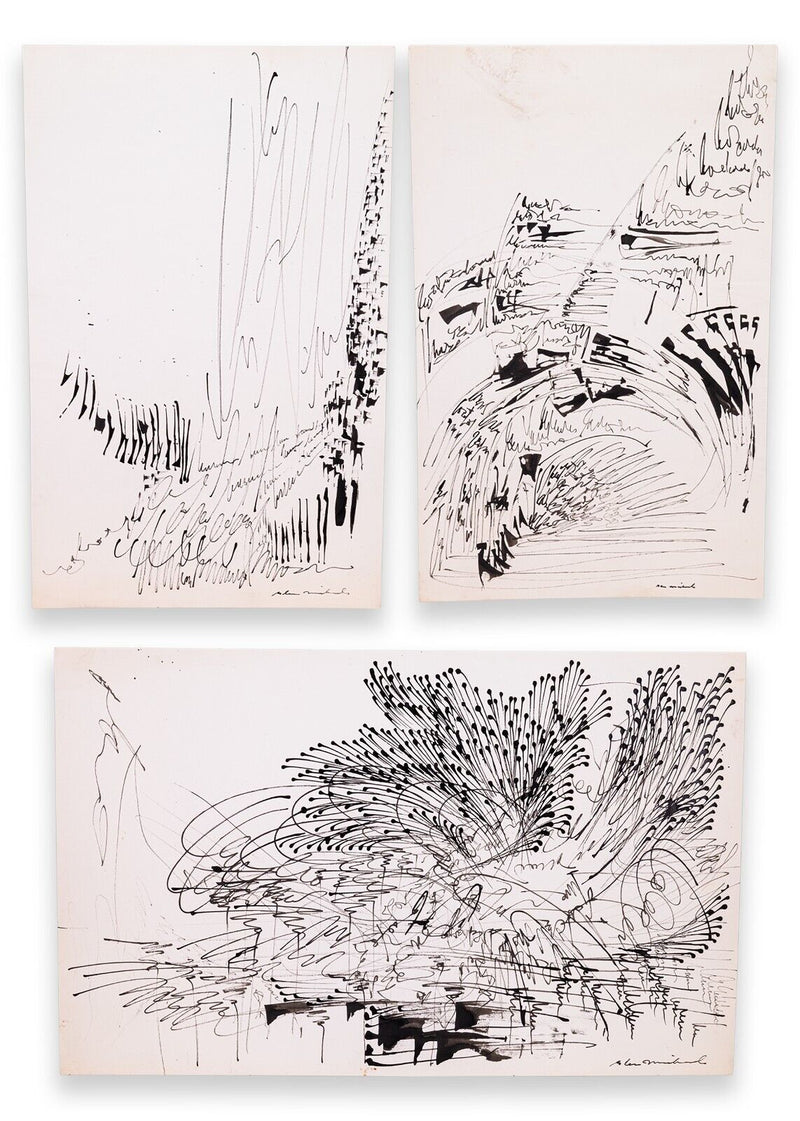 Glen Michaels Signed Set of 3 Modern Signed Ink Drawings on Paper 23x14.5