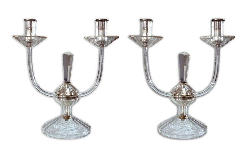 Pair of Art Deco Candelabras Two Arm Crystal Glass Base with Silver Accents