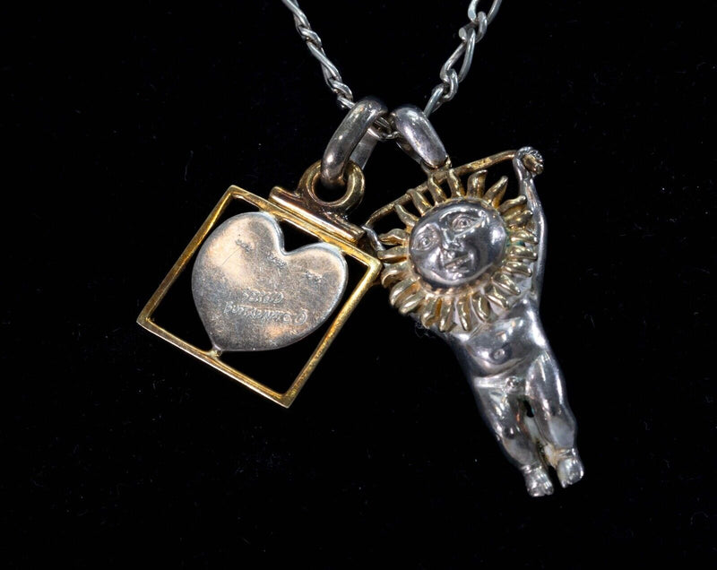 Sergio Bustamante Surreal Heart & Sun Man Necklace Signed Sterling Silver