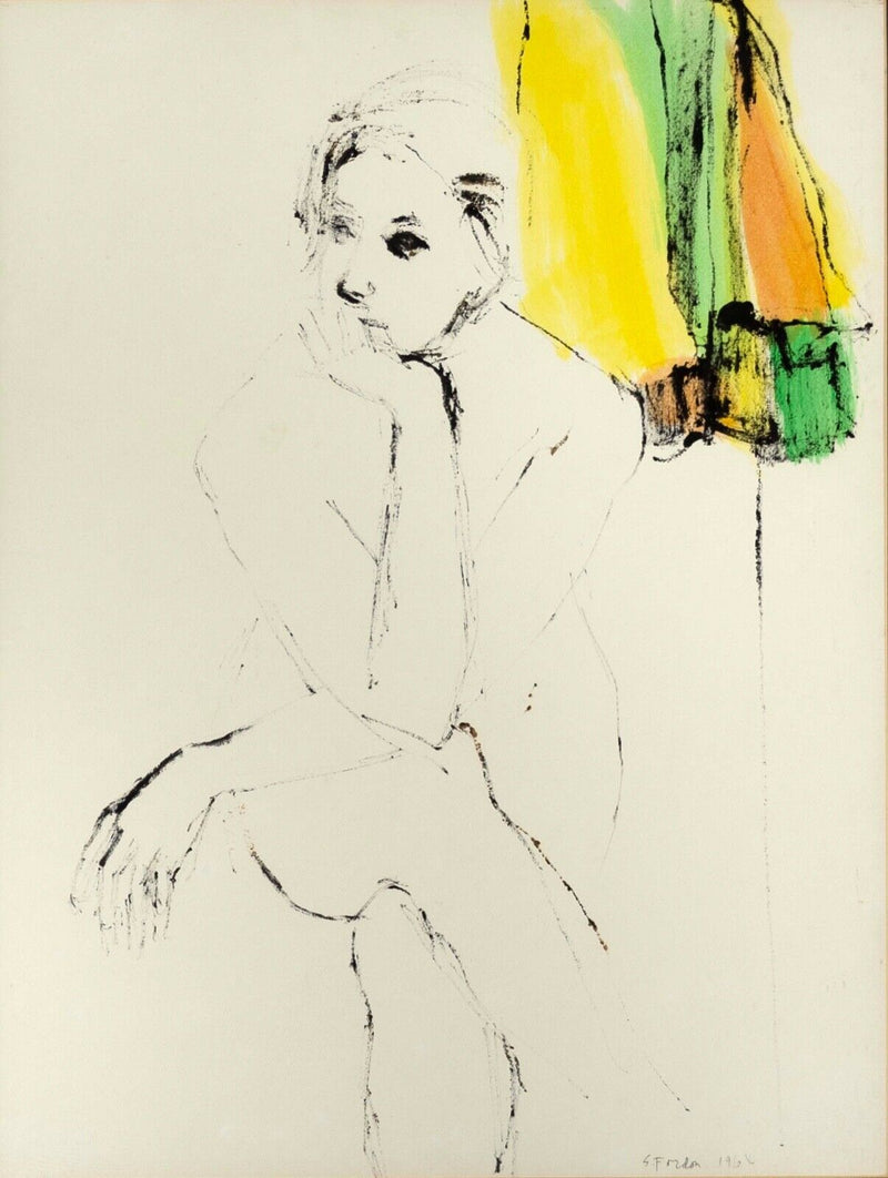 Sophie Fordon Contemplation Signed Modern Figurative Watercolor Drawing 1964