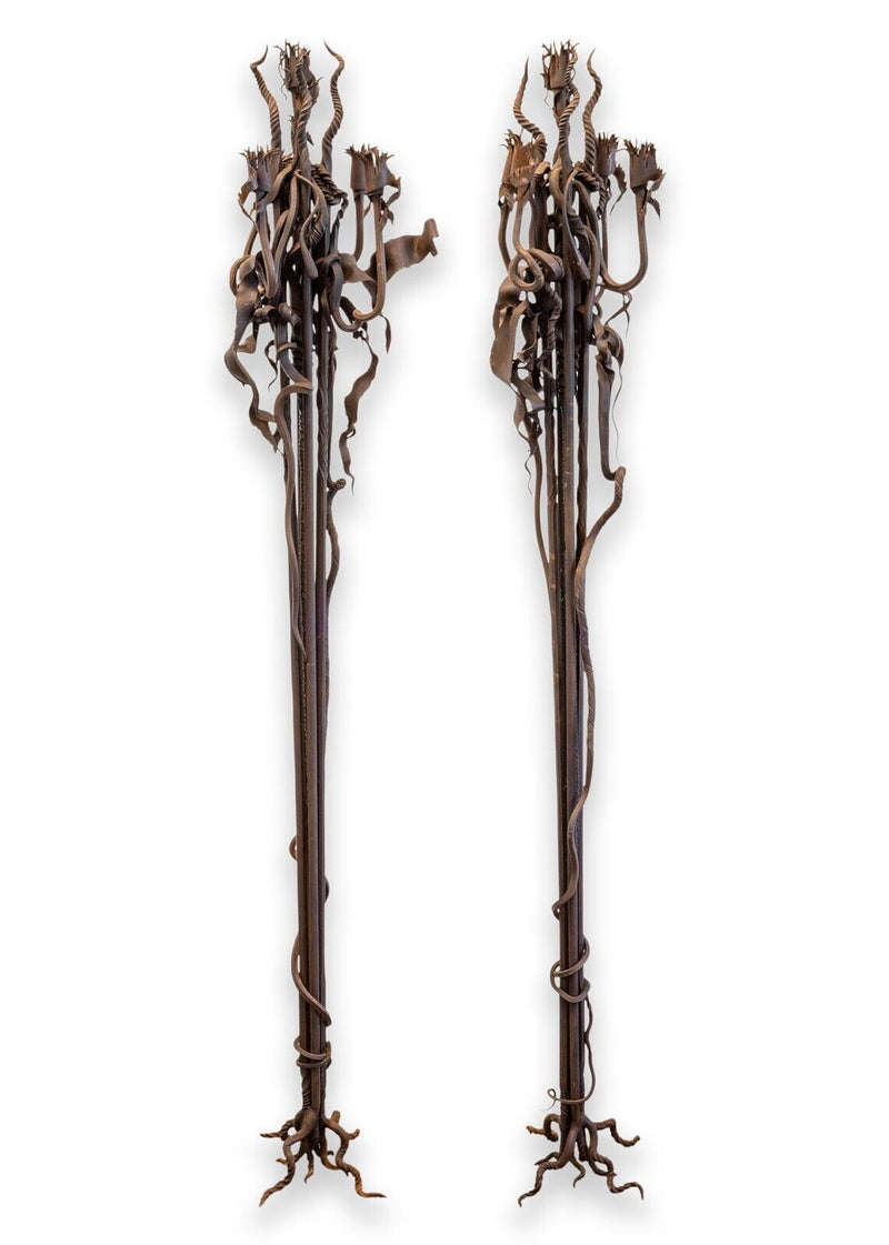 Pair of Modern Brutalist Iron Floor Candelabras Art Nouveau Inspired 1970s