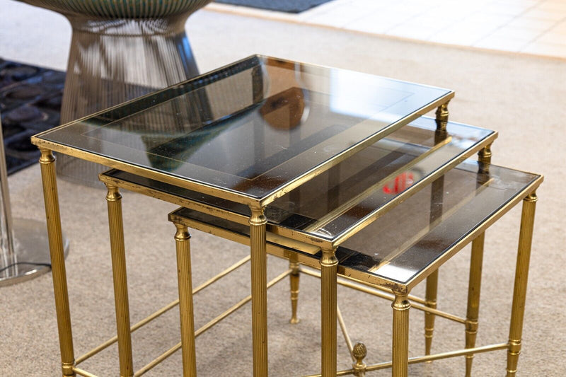 Set of 3 Vintage Brass & Smoked Glass Nesting Tables Attributed to Maison Jansen