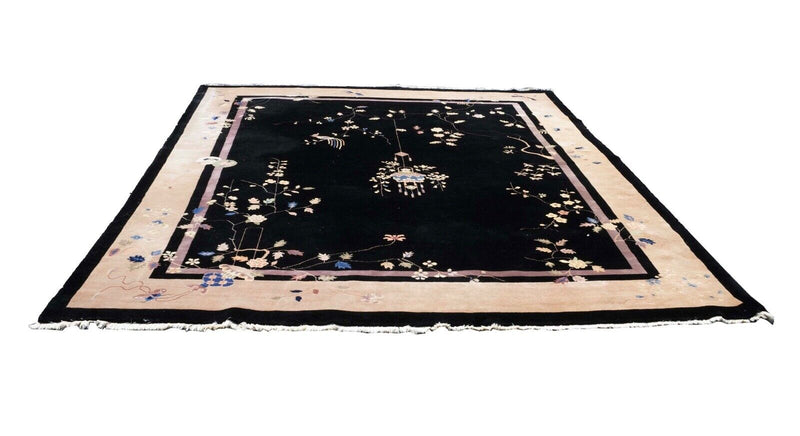 Art Deco Floral Oriental Pattern Black, Beige, and Pastel Colored Floor Rug