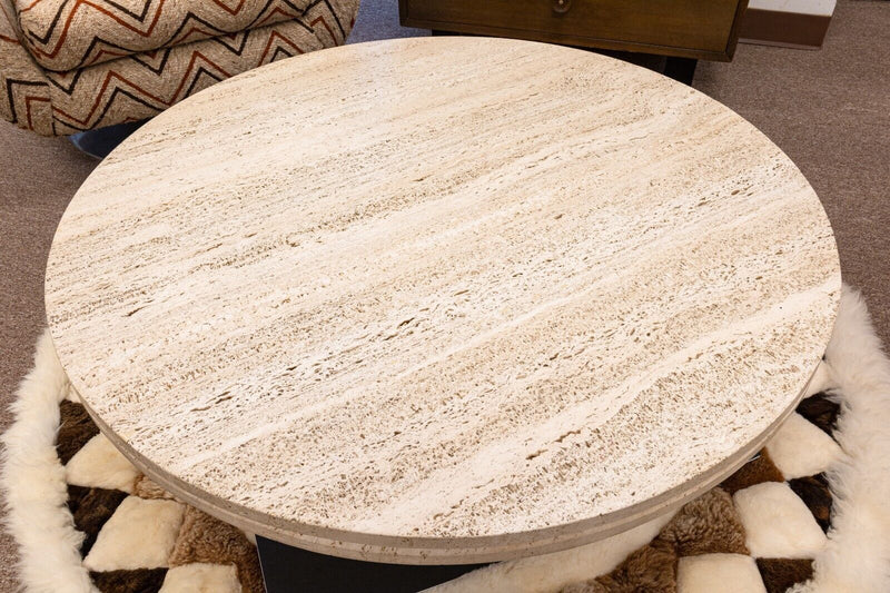 Tobocman Contemporary Modern Round Travertine and Wood Coffee Cocktail Table