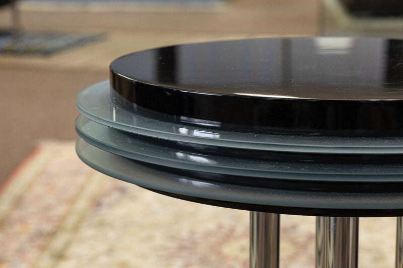 Postmodern Black Lacquer Chrome and Glass Round Circular Pedestal Side End Table