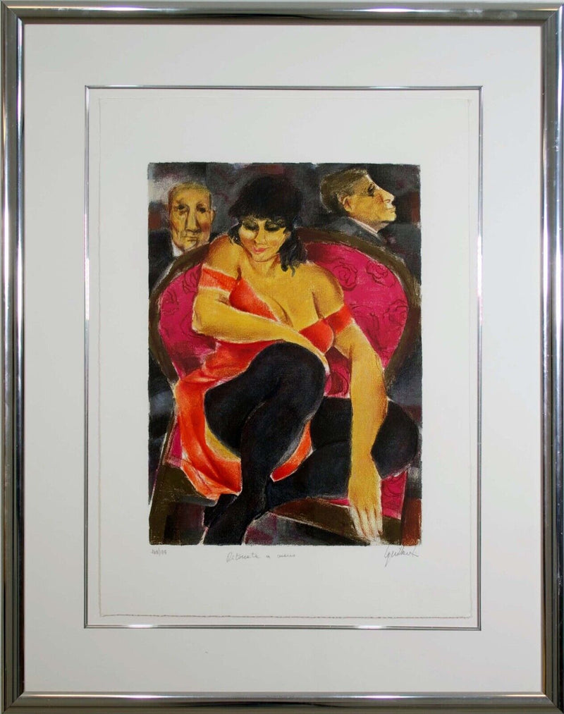 Remo Squillantini La Signora in Rosso Signed Lithograph 48/175 Framed 1980s