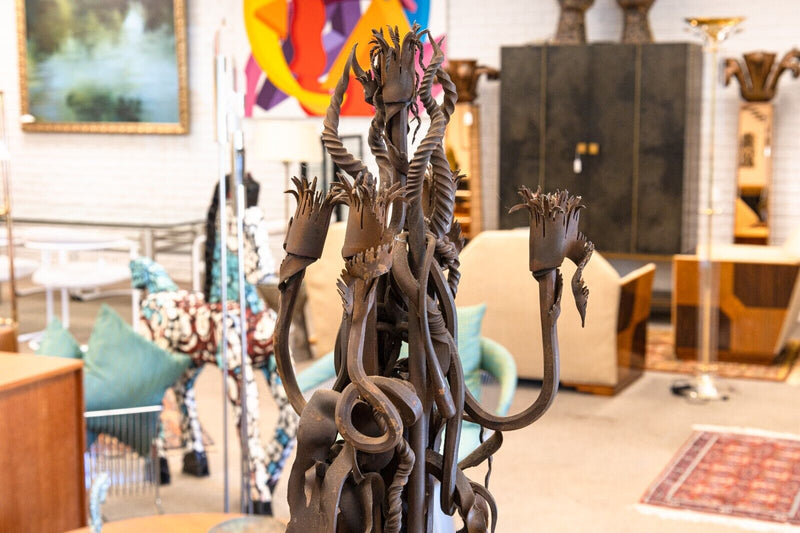 Pair of Modern Brutalist Iron Floor Candelabras Art Nouveau Inspired 1970s