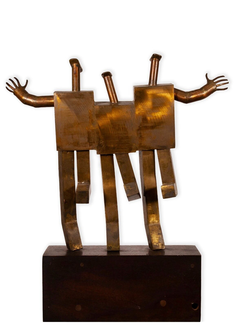 Mid Century Modern Brass Metal Figures Table Sculpture on Black Wood Base