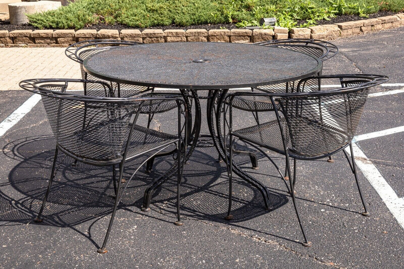 Vintage Russell Woodard Black Wrought Iron Patio Set with Table and 4 Chairs