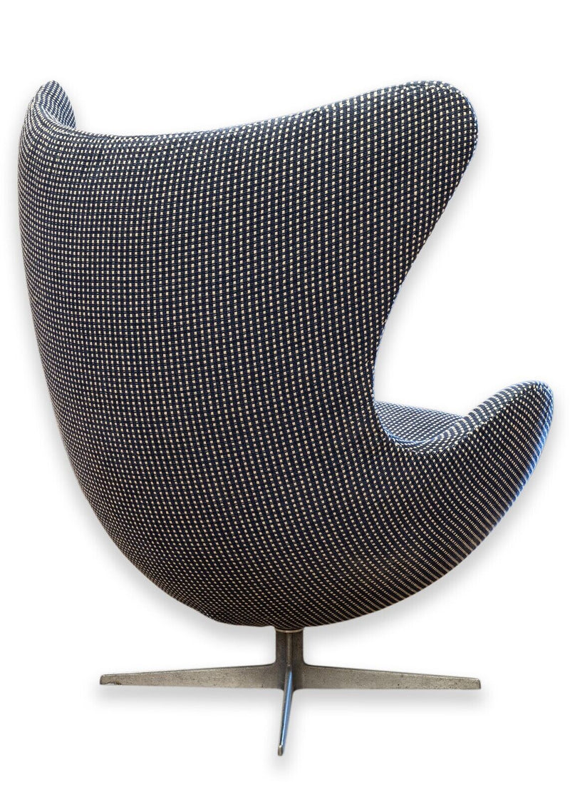 Vintage 1970s Mid Century Modern Arne Jacobsen Egg Chair Blue Checkered Fabric