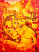 Pedro Ortegarias Familia Ciameses Signed Mixed Media Painting on Canvas 2005