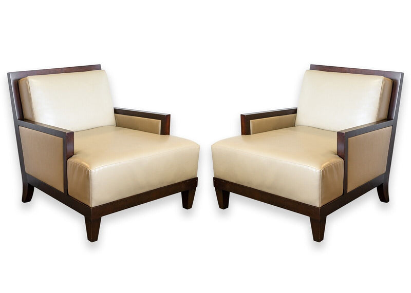 Pair of Barbara Barry for Baker Boxback Leather and Wood Accent Lounge Chairs