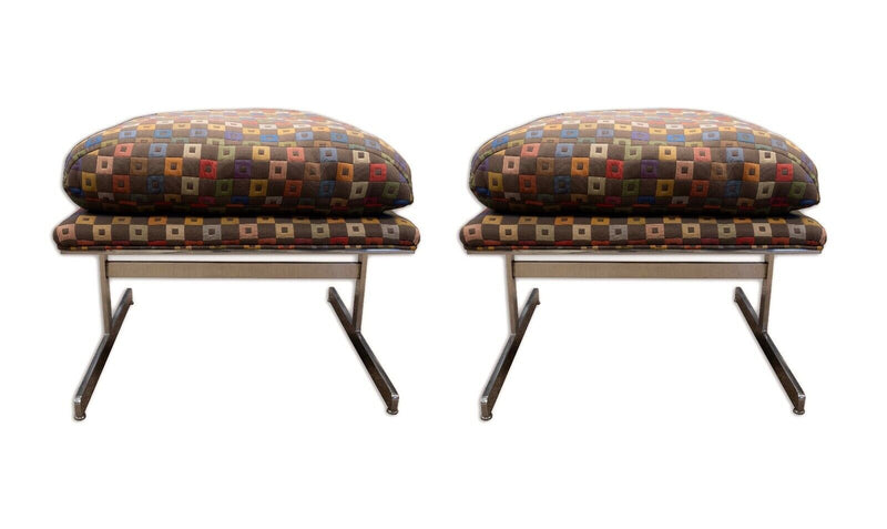Pair of Milo Baughman Style Colorful Square Patterned Ottomans with Chrome Legs