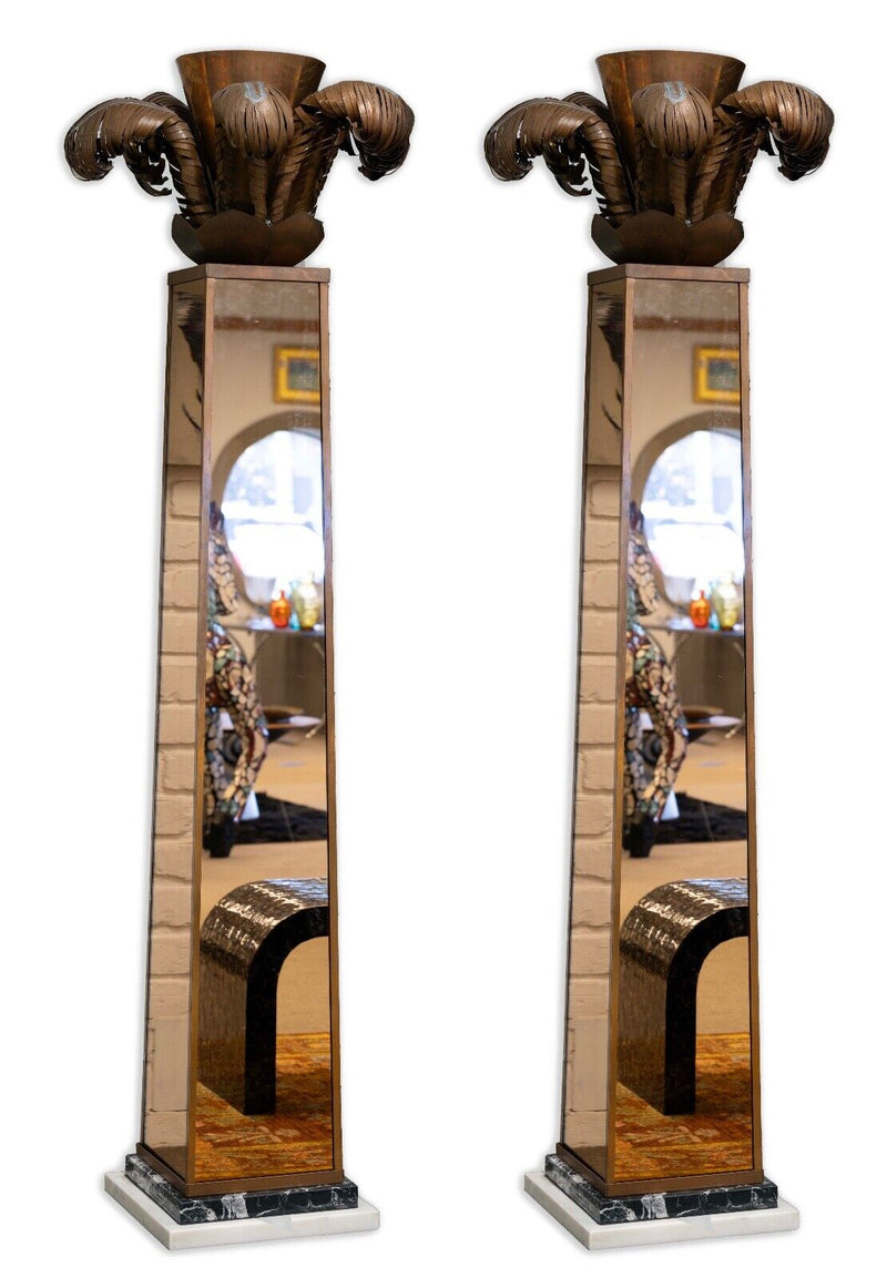 Pair of Art Deco Torchiere Uplight Copper Mirrored Floor Lamps with Marble Base