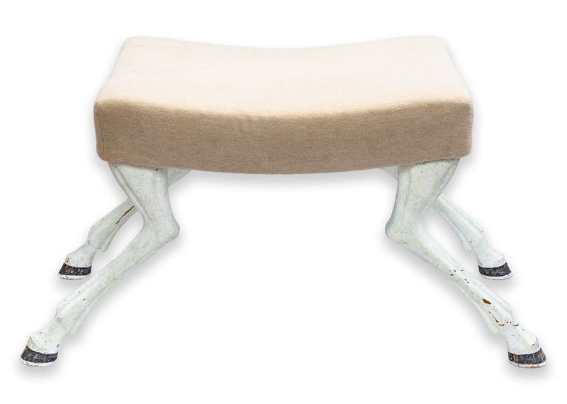 Pair of Contemporary Modern Beige Fabric Painted Goat Leg Bench Stool Ottomans