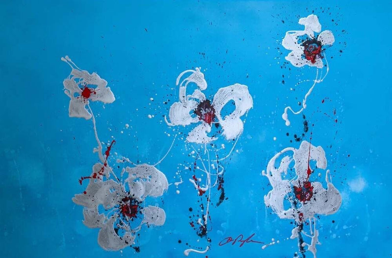 Dominic Pangborn Silver Poppies on Blue Signed Unique Contemporary Painting