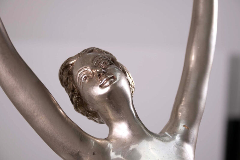 Art Deco Nude Female Figure with Leaf Antique Cast Metal Chrome Sculpture