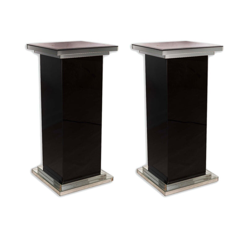 Pair of Black and Chrome Mirrored Post Modern Pedestals