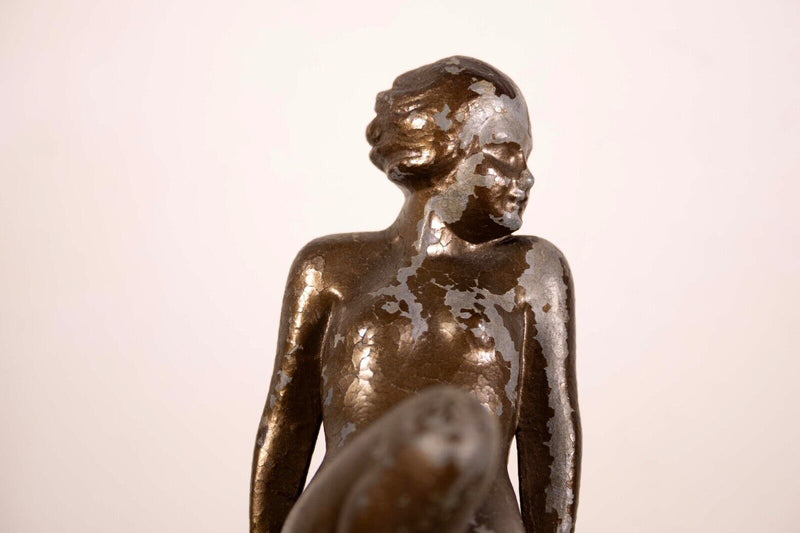 Art Deco Female Nude Figure Metal Sculpture w/ Jadeite Bowls A. Von Frankenberg