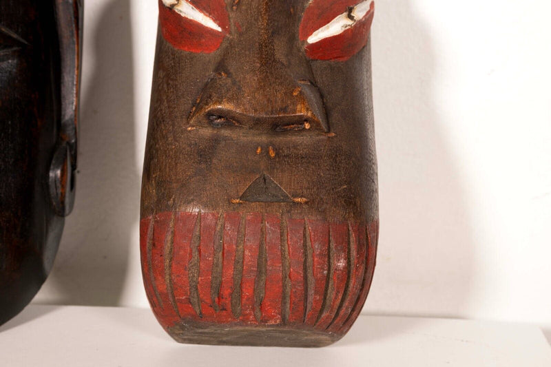 Pair of Vintage African Tribal Hand Carved & Painted Wooden Mask with Feathers