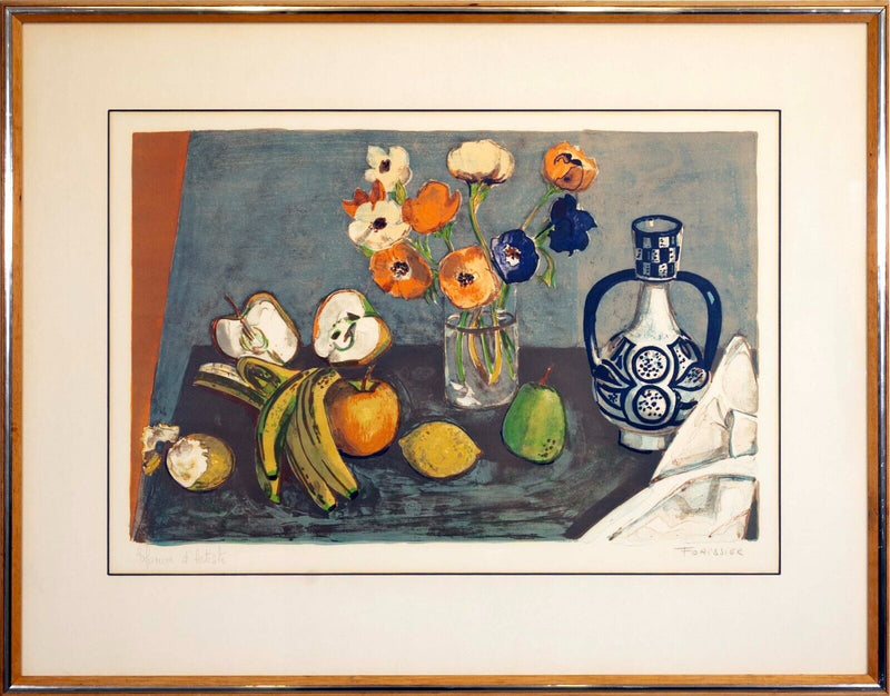 Roger Forissier Anemones with Fruit Signed Modern Lithograph on Paper Framed 198