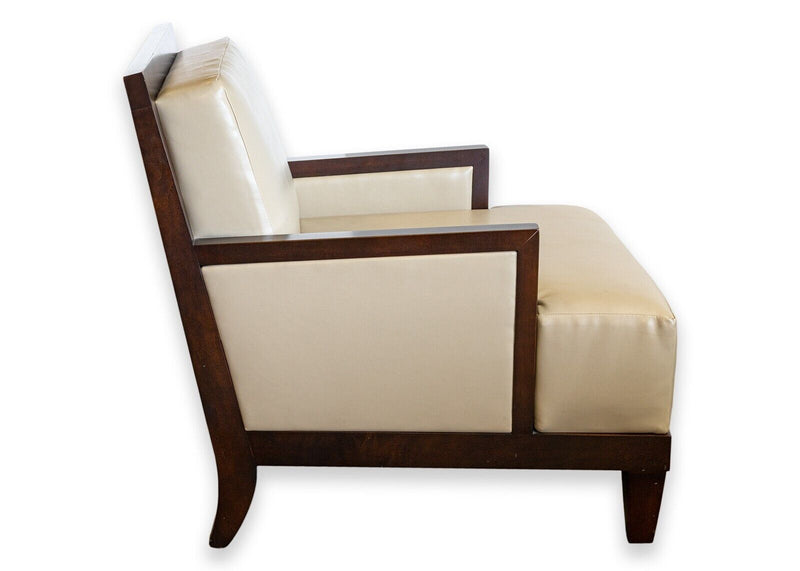 Pair of Barbara Barry for Baker Boxback Leather and Wood Accent Lounge Chairs