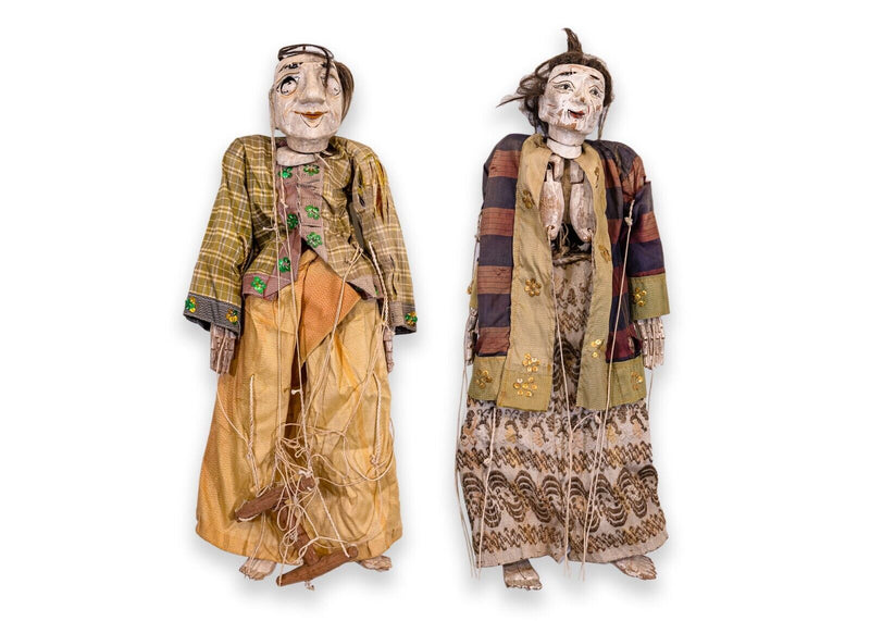 Pair of Antique Burmese Thailand Marionette Puppet Dolls Figurative Folk Art