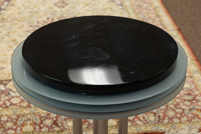 Postmodern Black Lacquer Chrome and Glass Round Circular Pedestal Side End Table