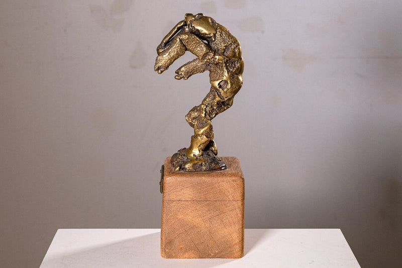 Fu Vintage Bronze Abstract Sculpture on Wood Base